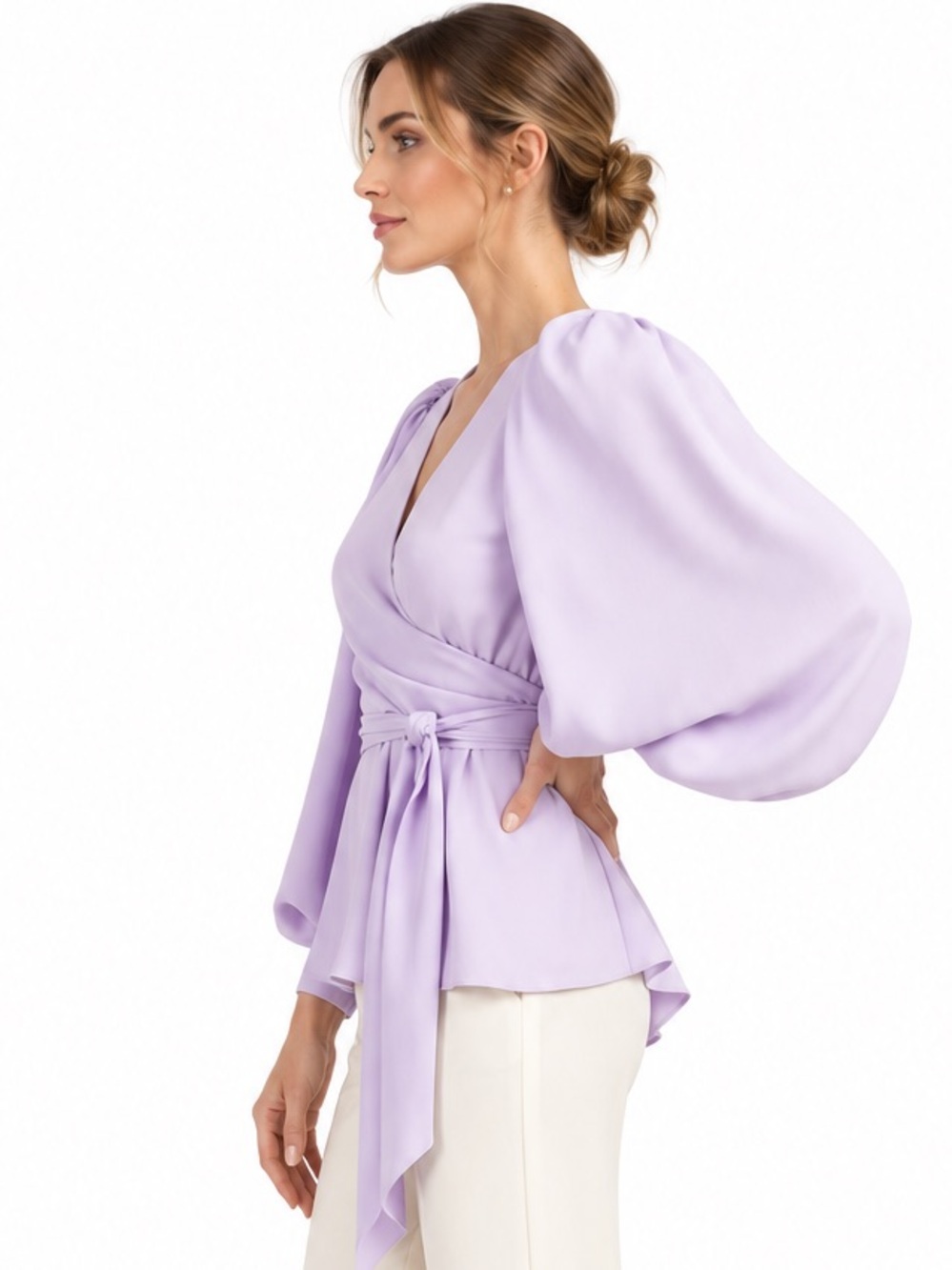 Trina Turk Aquatic Wrap Blouse Lavender Long Sleeve Tie Waist Small NEW Chic